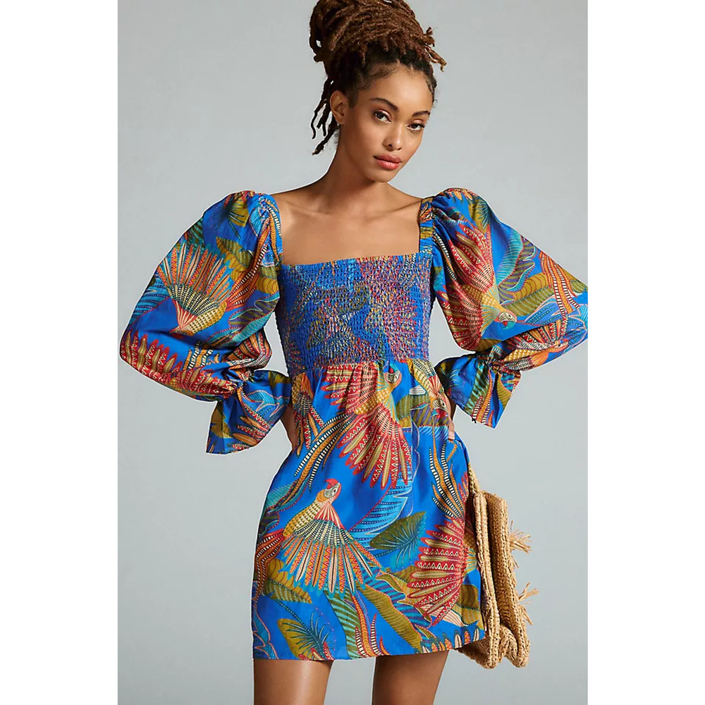 Farm Rio Macaw Flight Smocked Cotton Mini Dress Vibrant Blue Tropical Print L